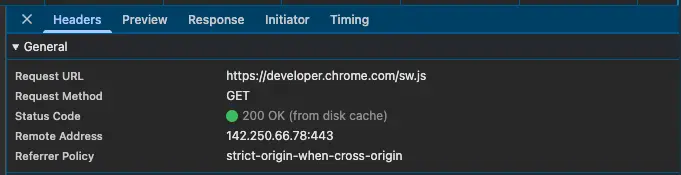 Chrome DevTools Network 面板顯示 Request URL、Method、Status Code 與 Remote Address