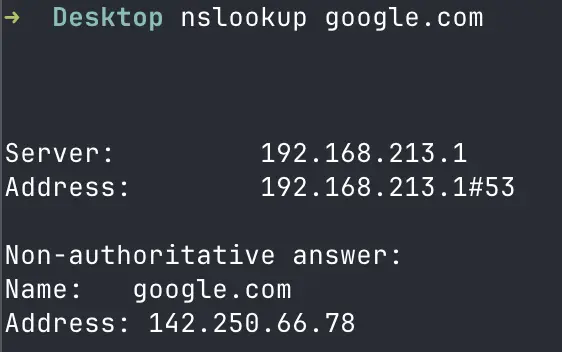 nslookup 顯示預設 DNS server 與 google.com 的解析結果